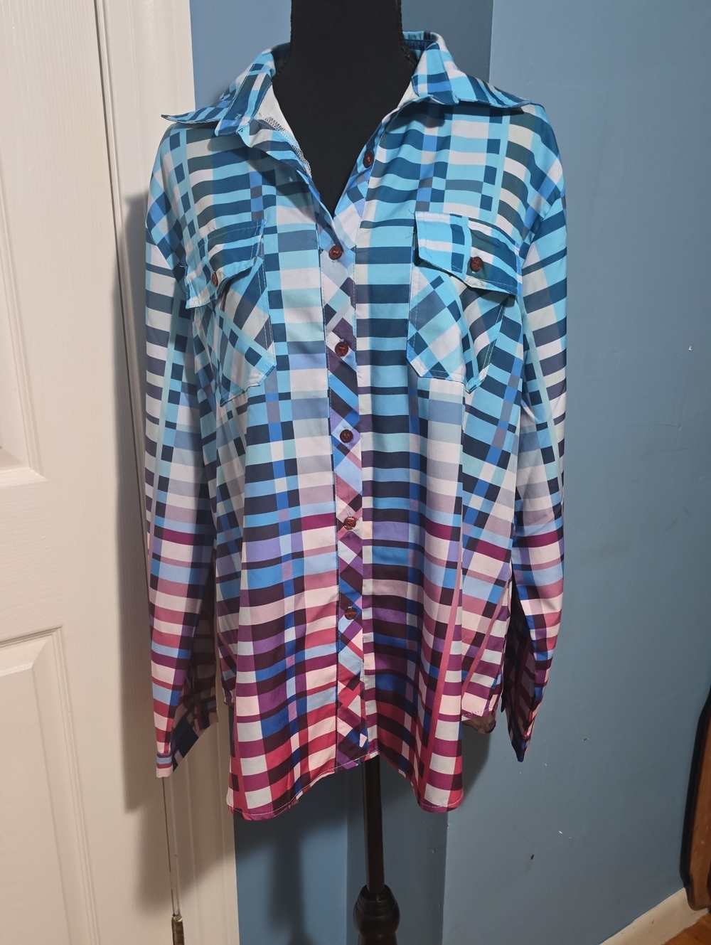Blue Multi-Color Ombre Plaid Button-Up Shirt